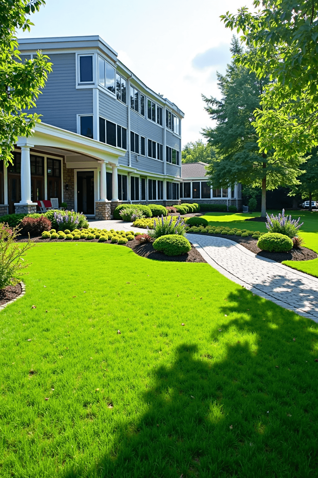 Maintained South Shore landscape with lawn, plantings, and stone walkway